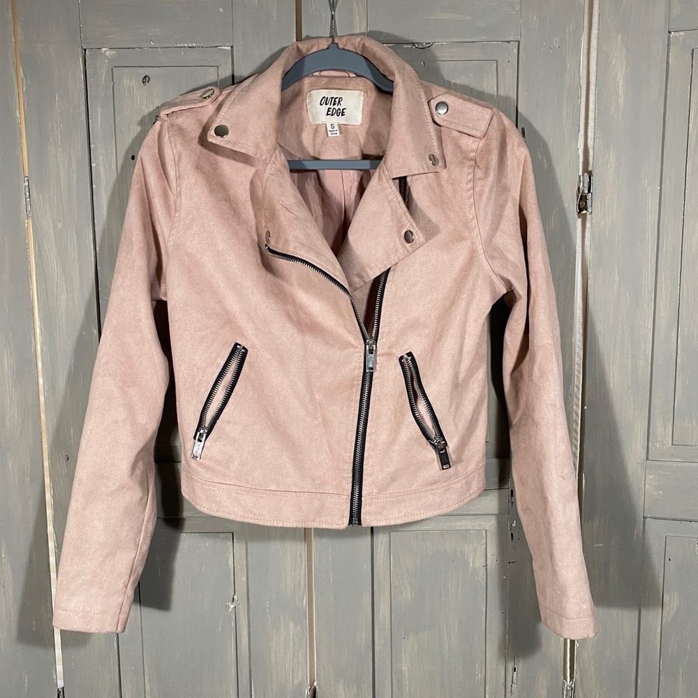 Outer Edge Womens Blush Pink Faux Suede Moto Biker Jacket Sz Small Feminine Soft